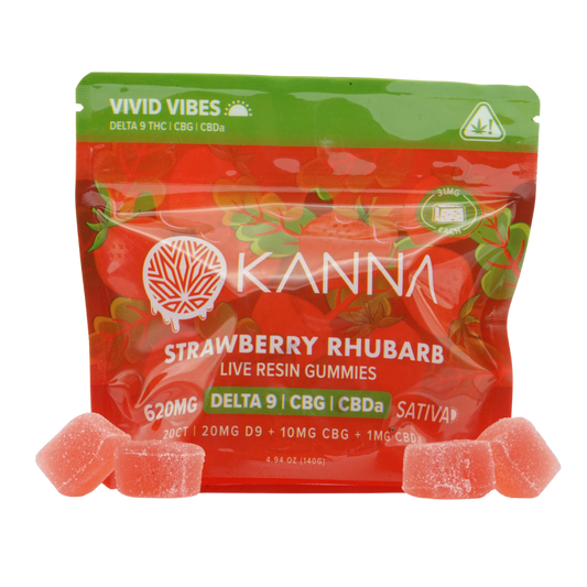 KANNA "Vivid Vibes" Strawberry Rhubarb Live Resin Sativa Gummies - D9/CBG/CBD