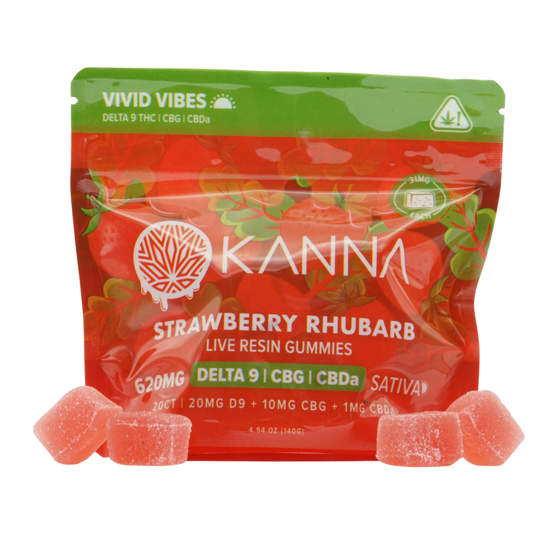 KANNA "Vivid Vibes" Strawberry Rhubarb Live Resin Sativa Gummies - D9/CBG/CBD